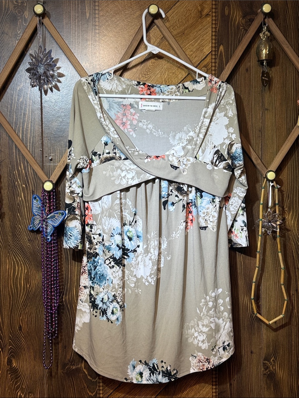 Taupe Floral V-Neck Mini Dress with Short Sleeves